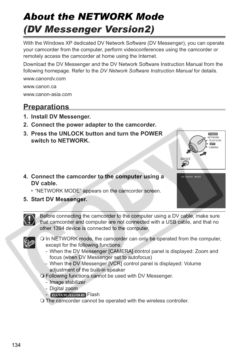 About the network mode (dv messenger version2), Preparations | Canon ELURA 85 User Manual | Page 134 / 160