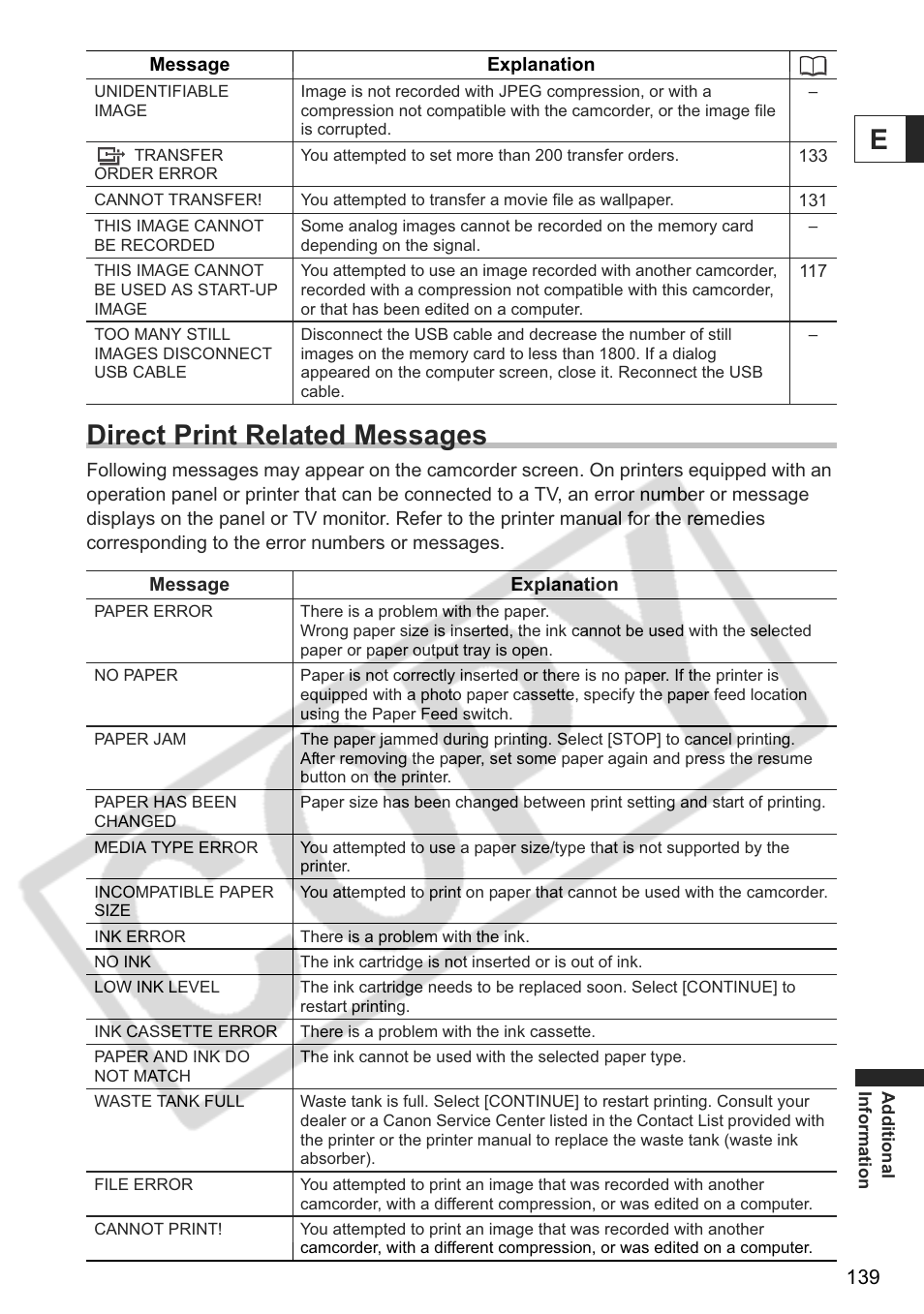 Edirect print related messages | Canon ELURA 85 User Manual | Page 139 / 160