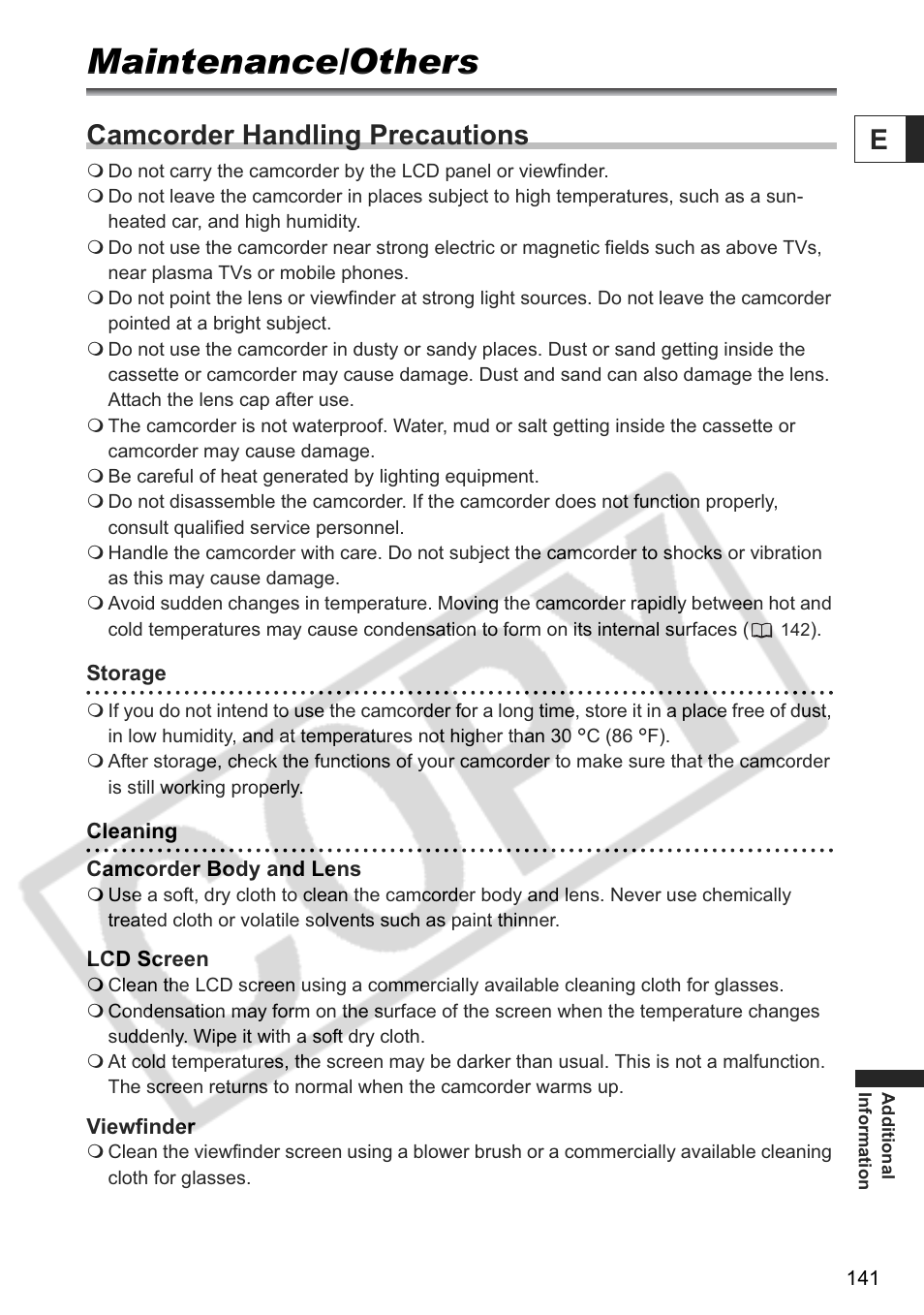 Maintenance/others, Camcorder handling precautions | Canon ELURA 85 User Manual | Page 141 / 160