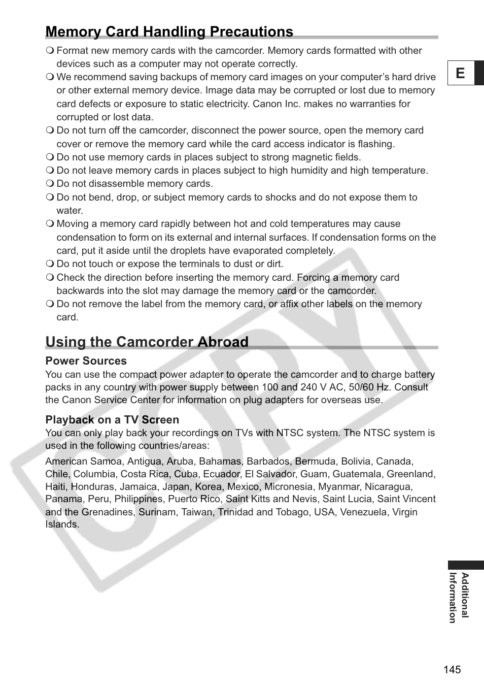 Using the camcorder abroad | Canon ELURA 85 User Manual | Page 145 / 160