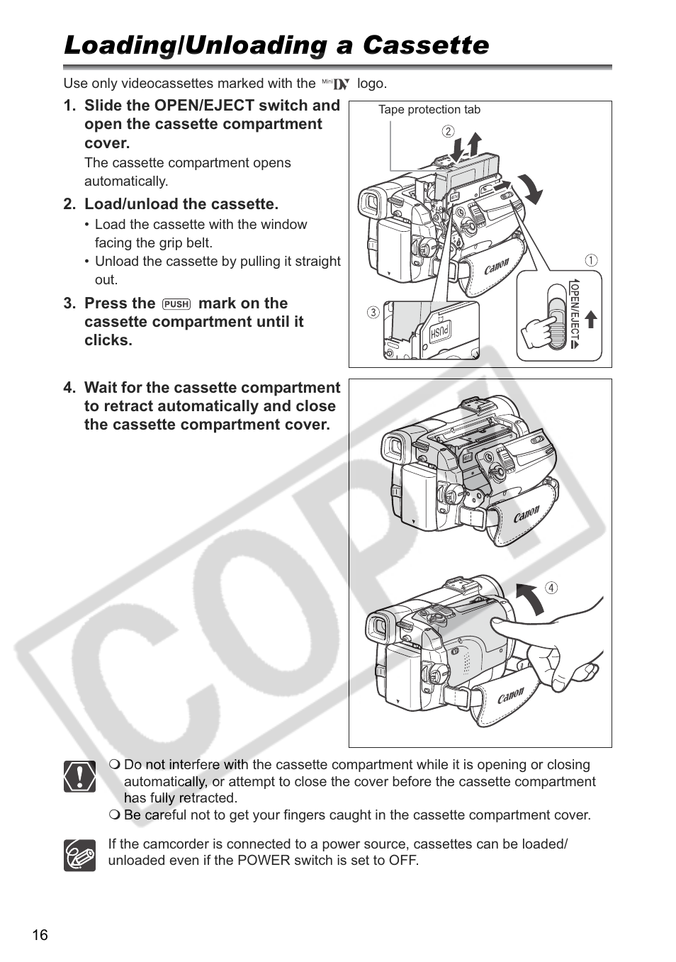 Loading/unloading a cassette | Canon ELURA 85 User Manual | Page 16 / 160