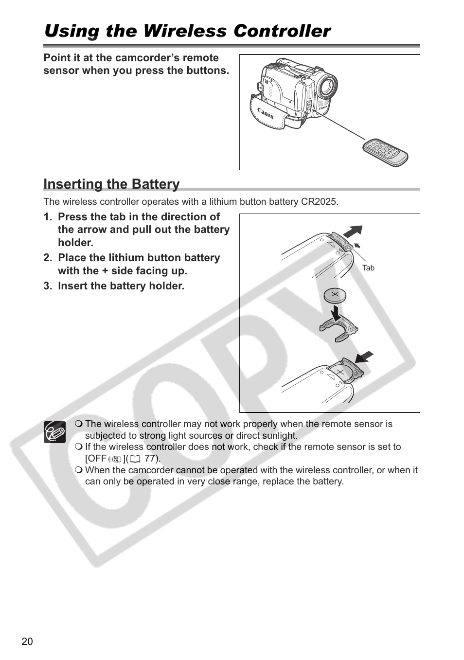 Using the wireless controller, Inserting the battery | Canon ELURA 85 User Manual | Page 20 / 160