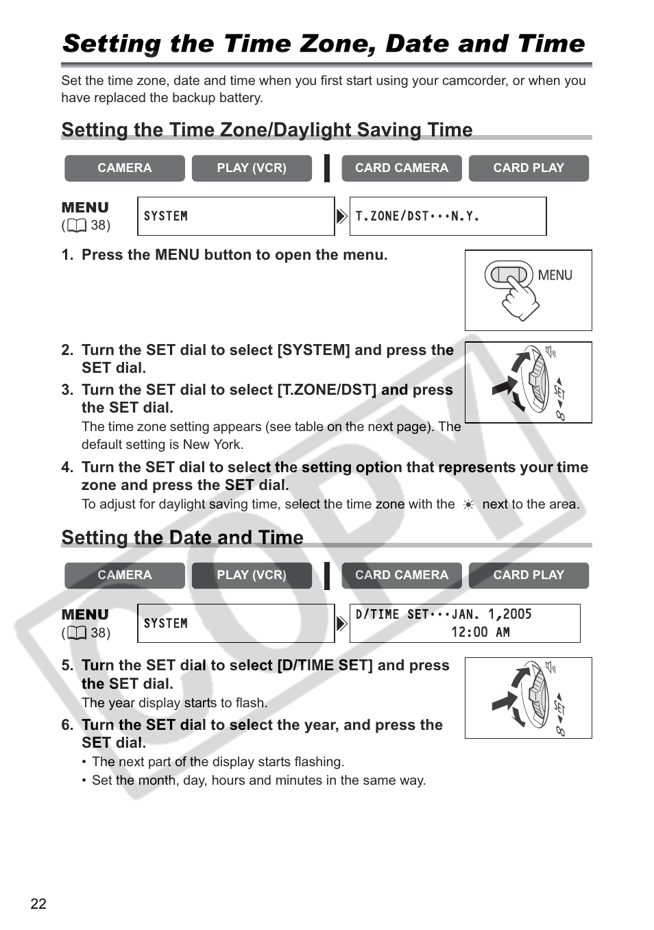 Setting the time zone, date and time, Setting the time zone/daylight saving time, Setting the date and time | Canon ELURA 85 User Manual | Page 22 / 160