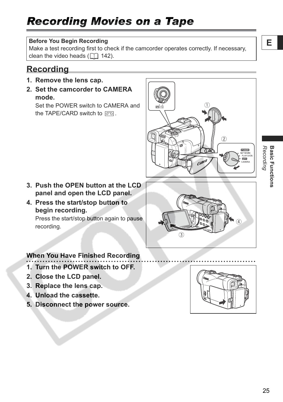 Recording movies on a tape, Recording | Canon ELURA 85 User Manual | Page 25 / 160