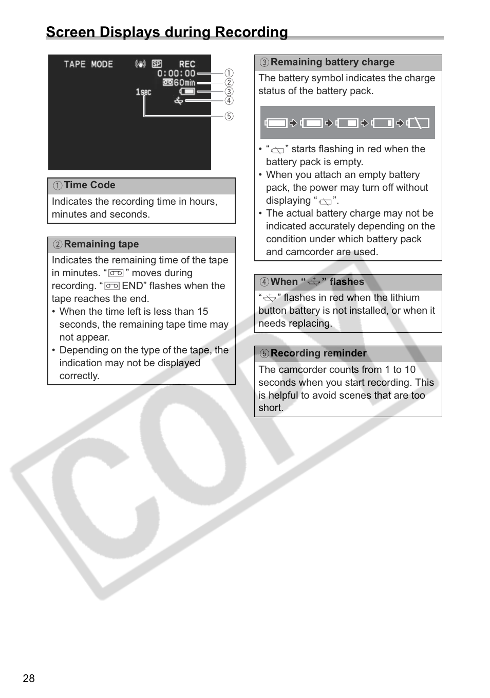 Screen displays during recording | Canon ELURA 85 User Manual | Page 28 / 160