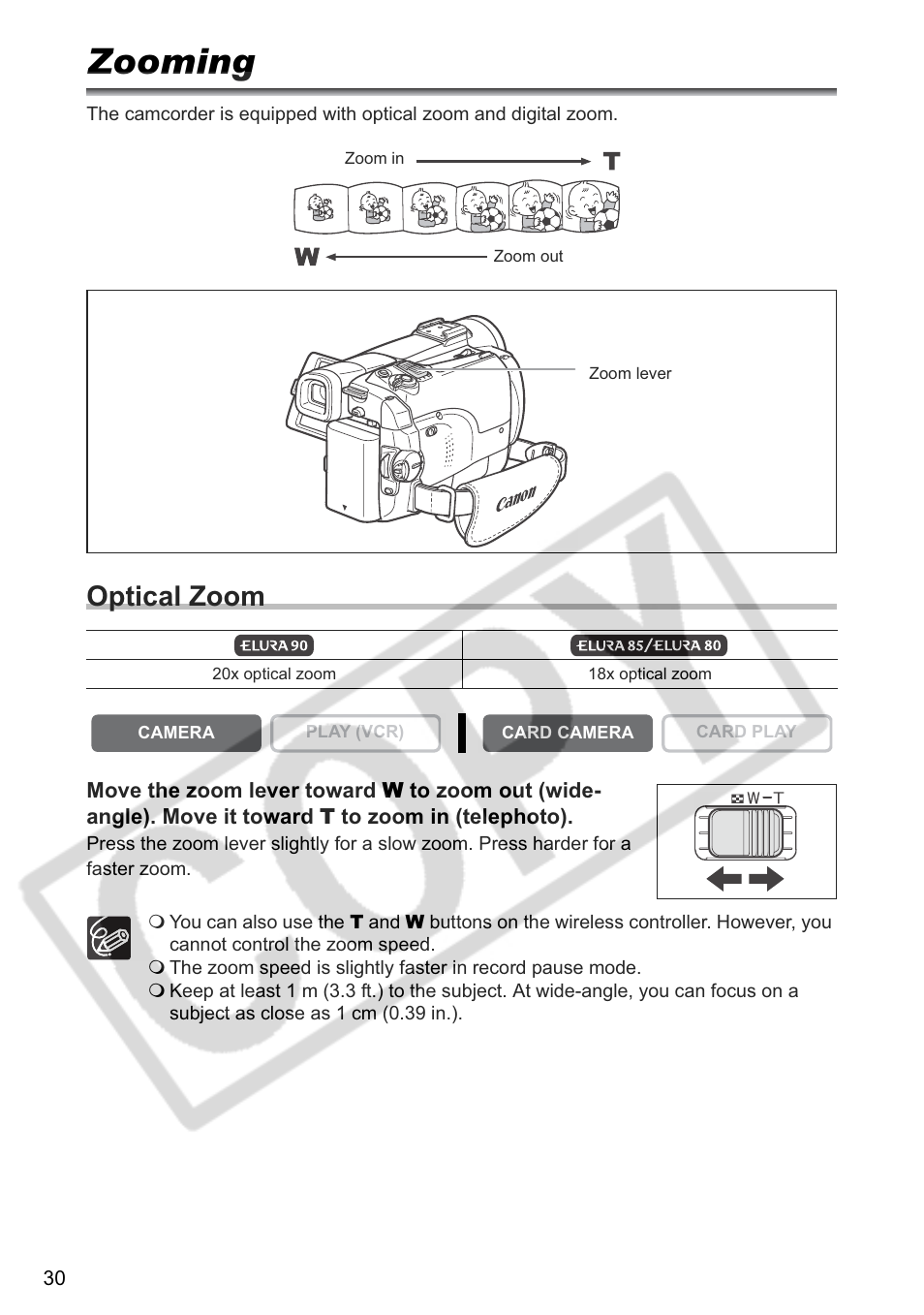 Zooming, Optical zoom | Canon ELURA 85 User Manual | Page 30 / 160