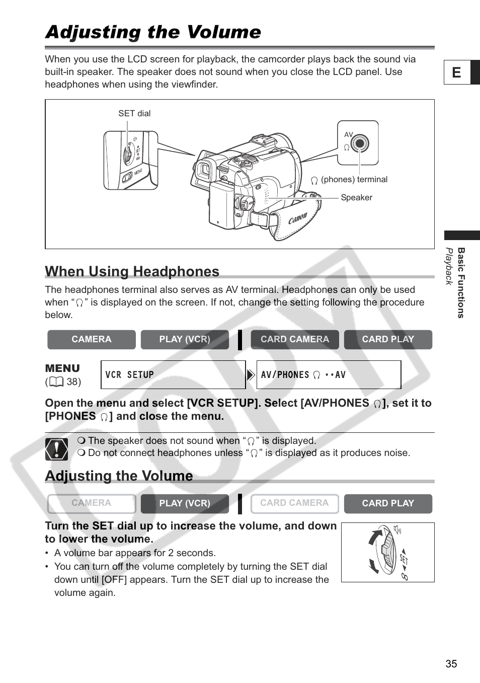 Adjusting the volume, When using headphones | Canon ELURA 85 User Manual | Page 35 / 160