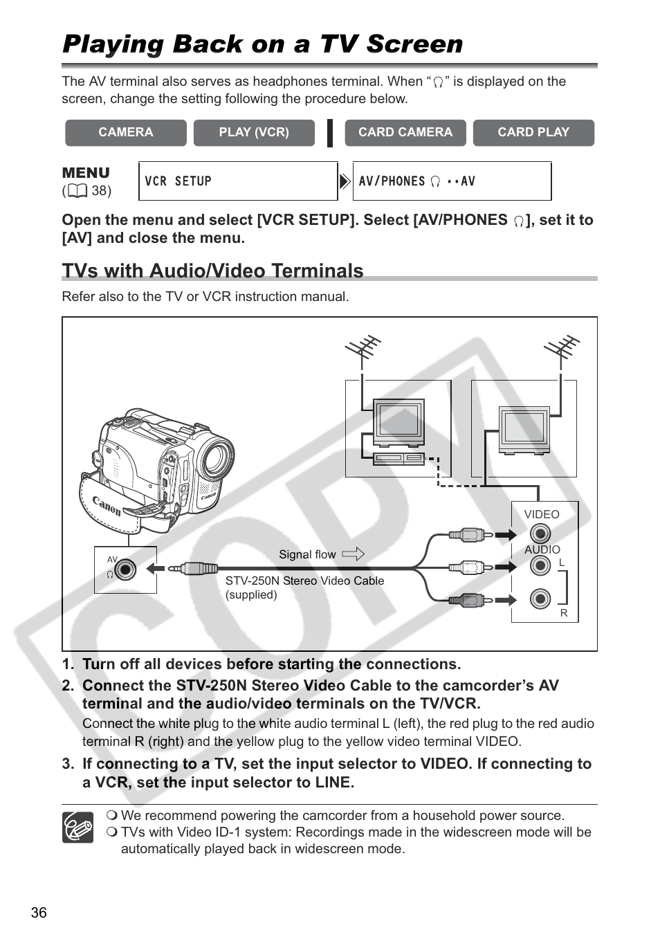 Playing back on a tv screen, Tvs with audio/video terminals | Canon ELURA 85 User Manual | Page 36 / 160