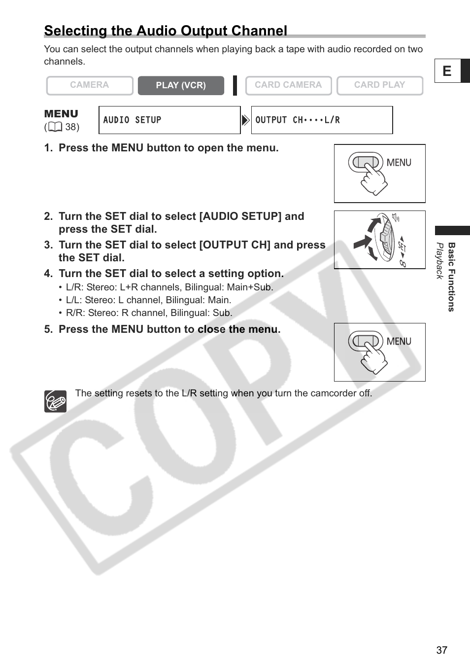 Eselecting the audio output channel | Canon ELURA 85 User Manual | Page 37 / 160