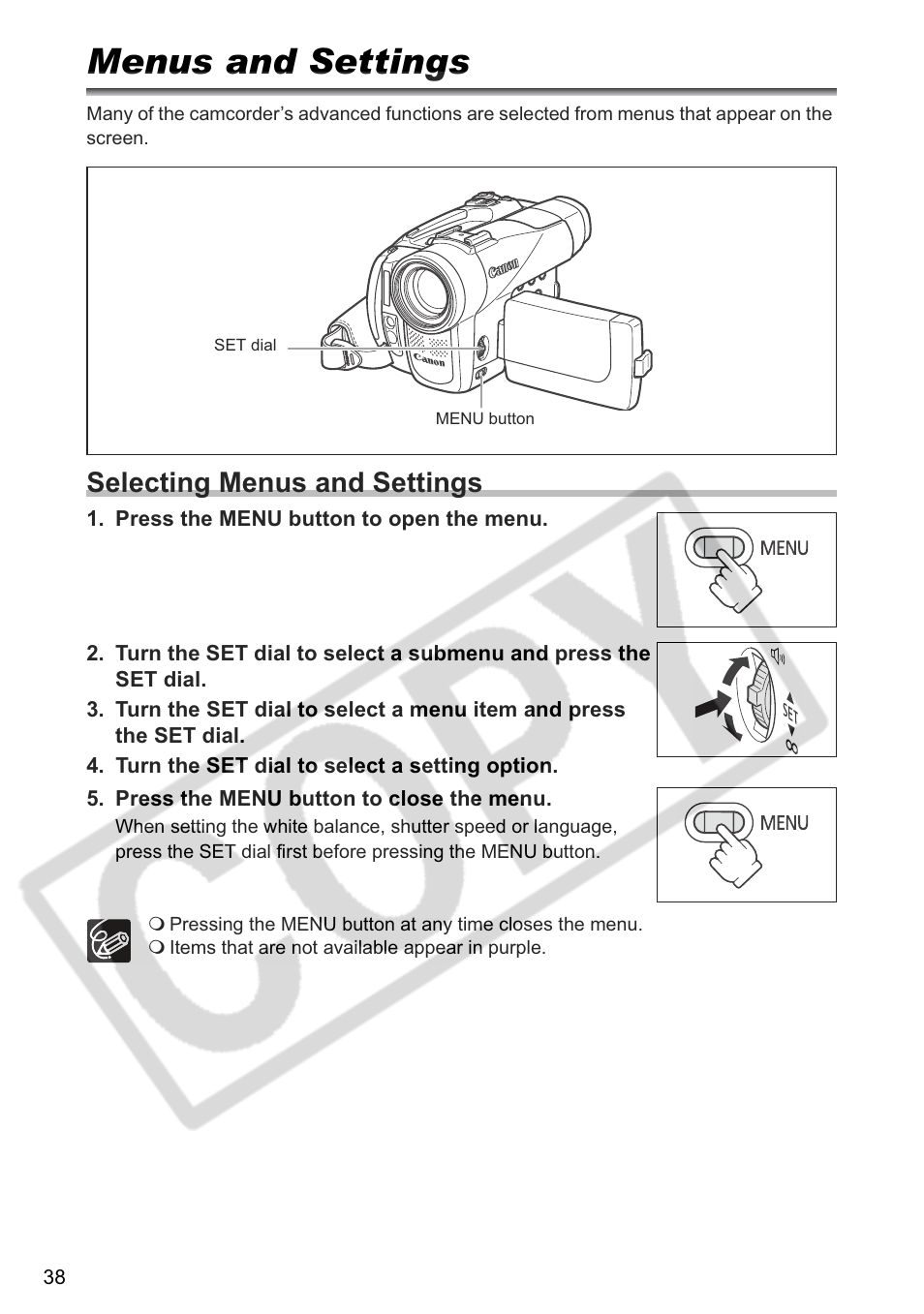 Menus and settings, Selecting menus and settings | Canon ELURA 85 User Manual | Page 38 / 160