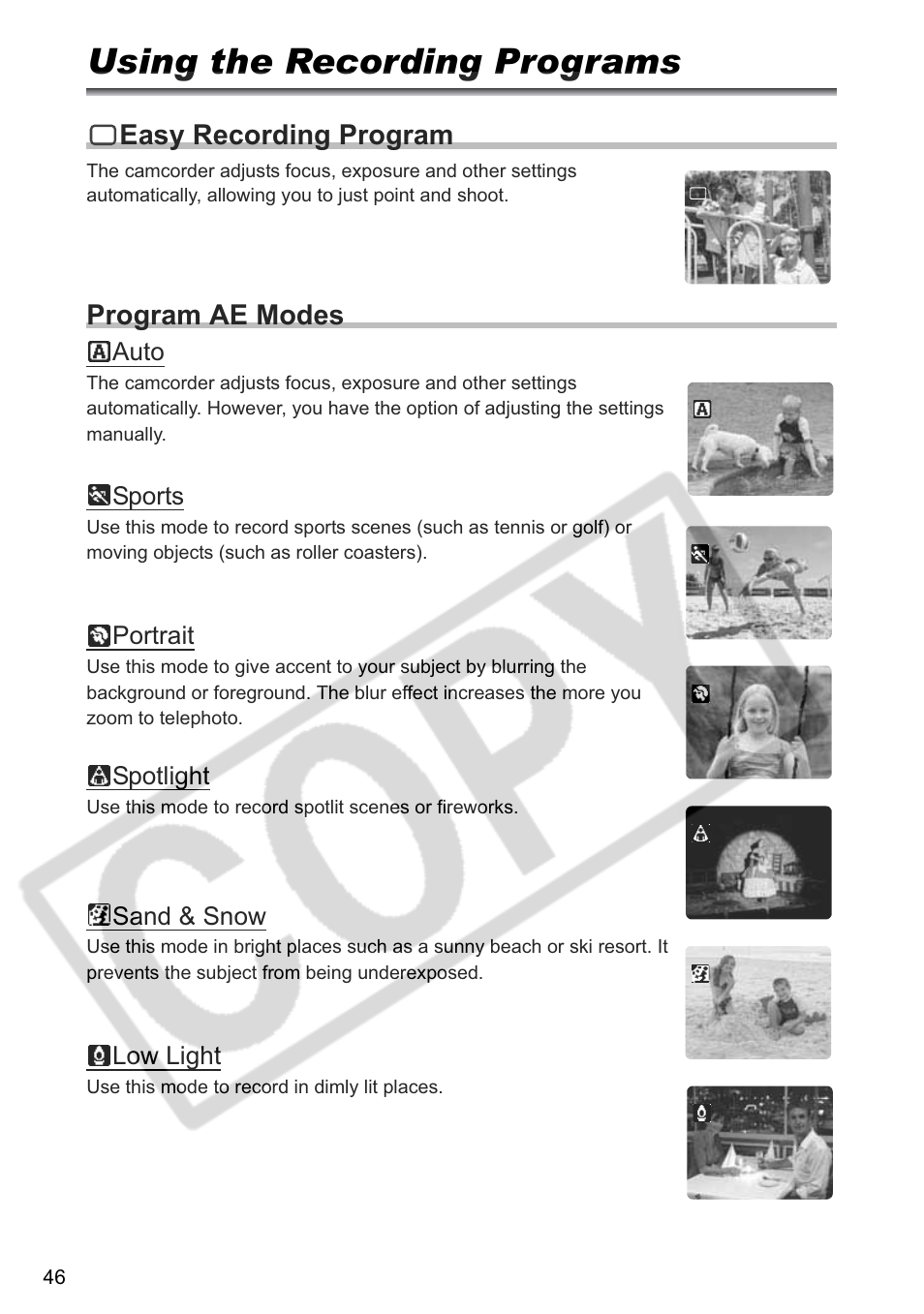 Using the recording programs, Easy recording program, Program ae modes | Canon ELURA 85 User Manual | Page 46 / 160