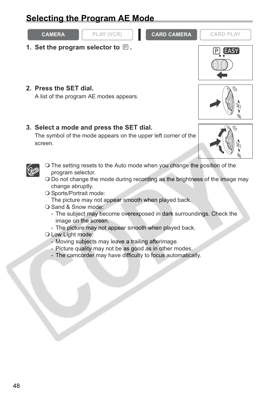 Selecting the program ae mode | Canon ELURA 85 User Manual | Page 48 / 160