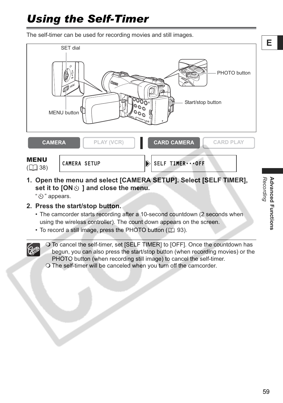 Using the self-timer | Canon ELURA 85 User Manual | Page 59 / 160