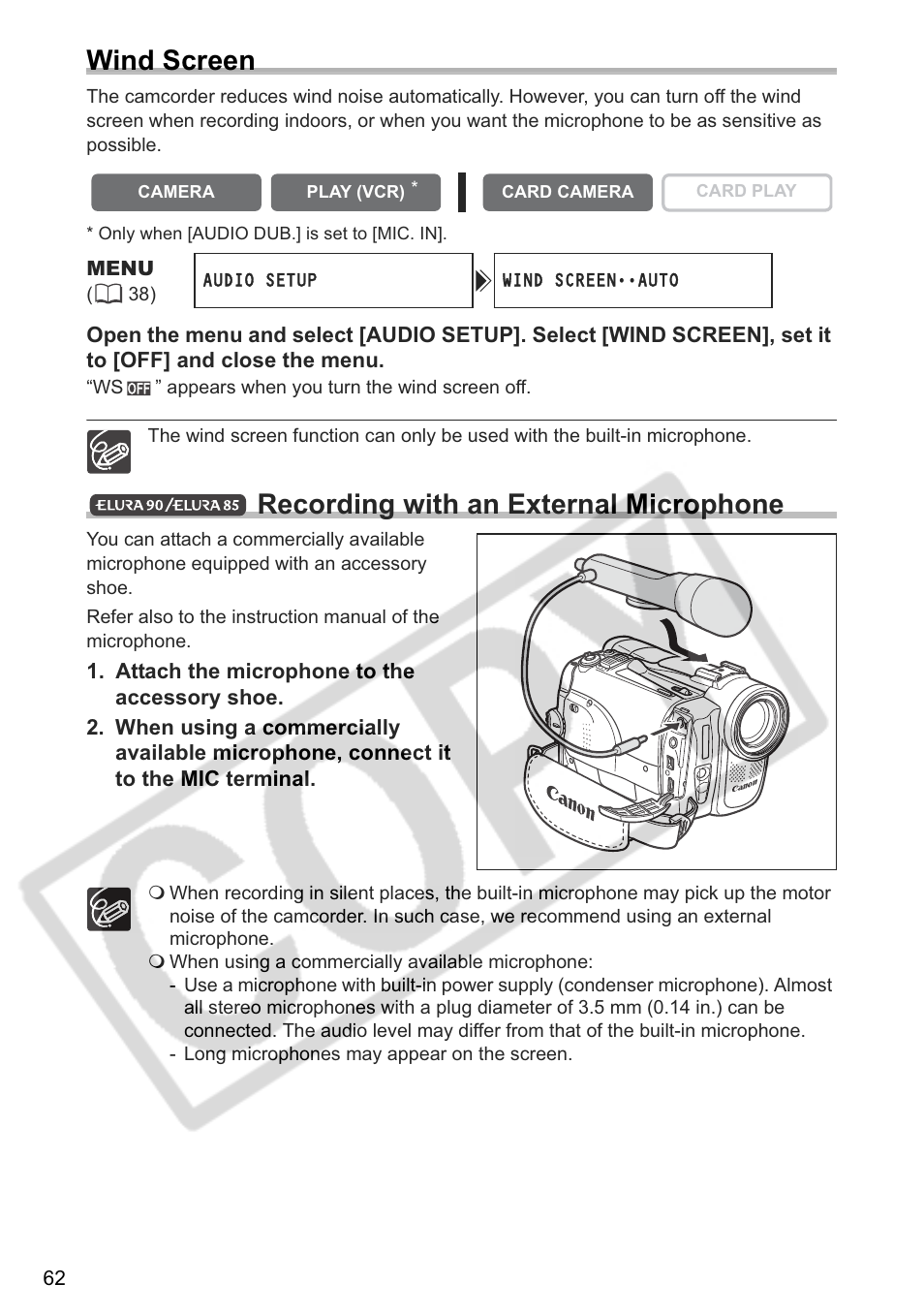 Wind screen, Recording with an external microphone | Canon ELURA 85 User Manual | Page 62 / 160