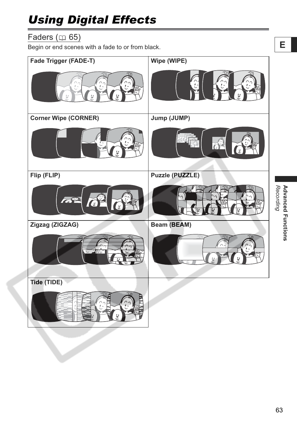 Using digital effects, Faders ( 65) | Canon ELURA 85 User Manual | Page 63 / 160