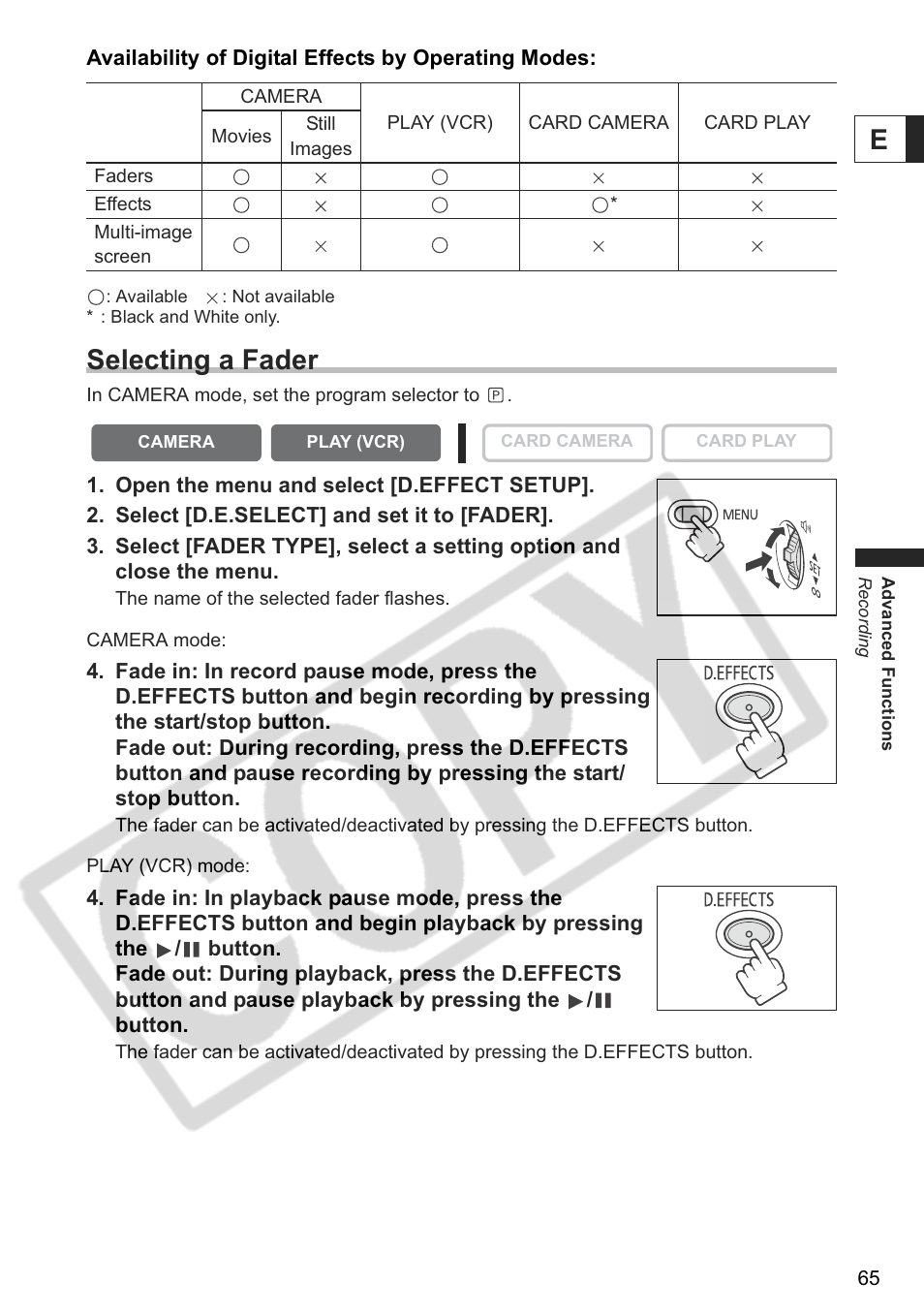 Selecting a fader | Canon ELURA 85 User Manual | Page 65 / 160