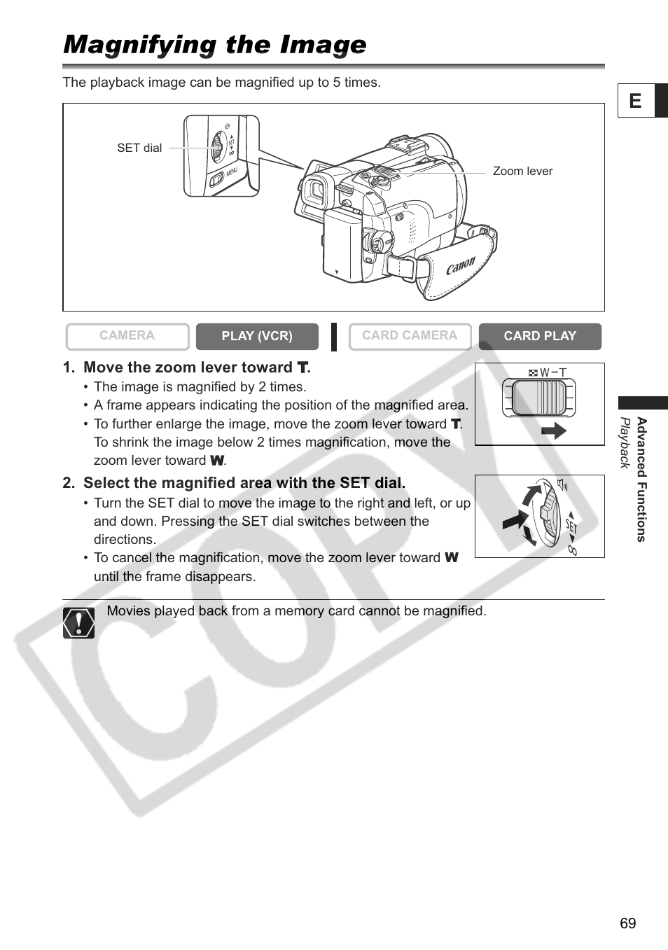 Magnifying the image | Canon ELURA 85 User Manual | Page 69 / 160