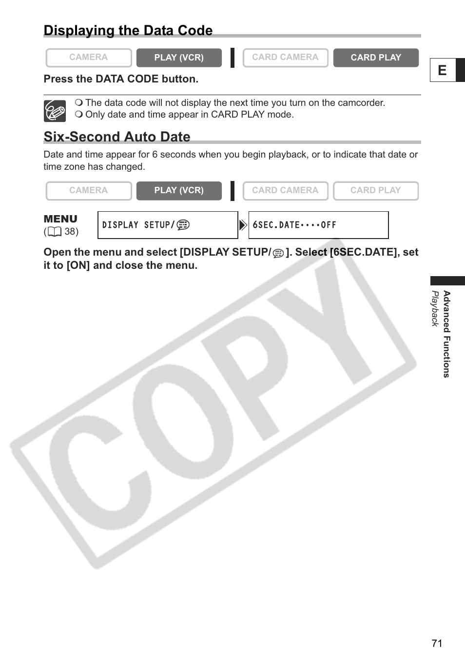 Edisplaying the data code, Six-second auto date | Canon ELURA 85 User Manual | Page 71 / 160