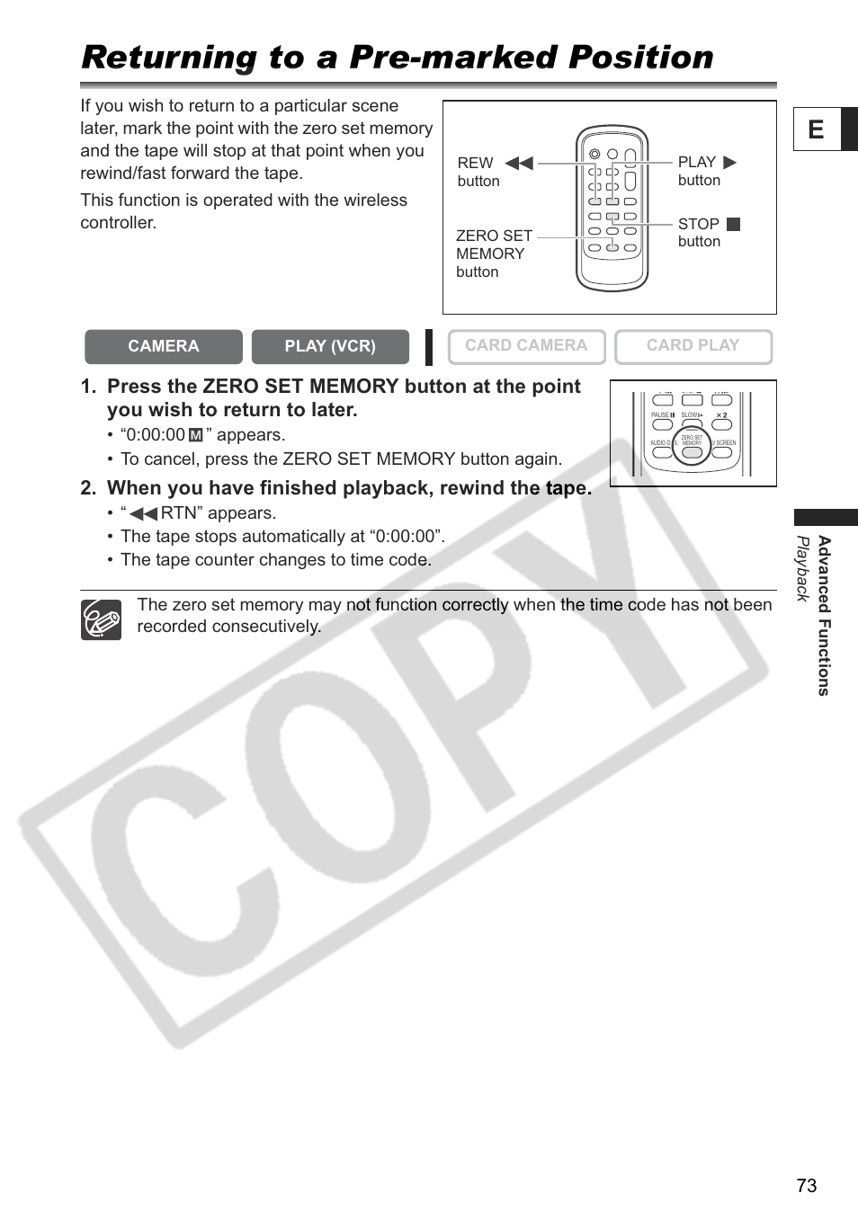 Returning to a pre-marked position, When you have finished playback, rewind the tape | Canon ELURA 85 User Manual | Page 73 / 160