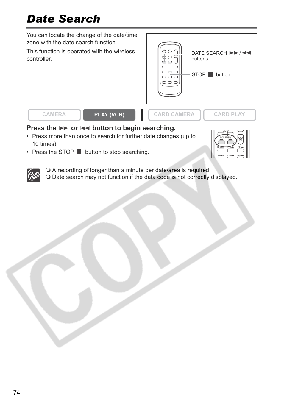 Date search, Press the or button to begin searching | Canon ELURA 85 User Manual | Page 74 / 160