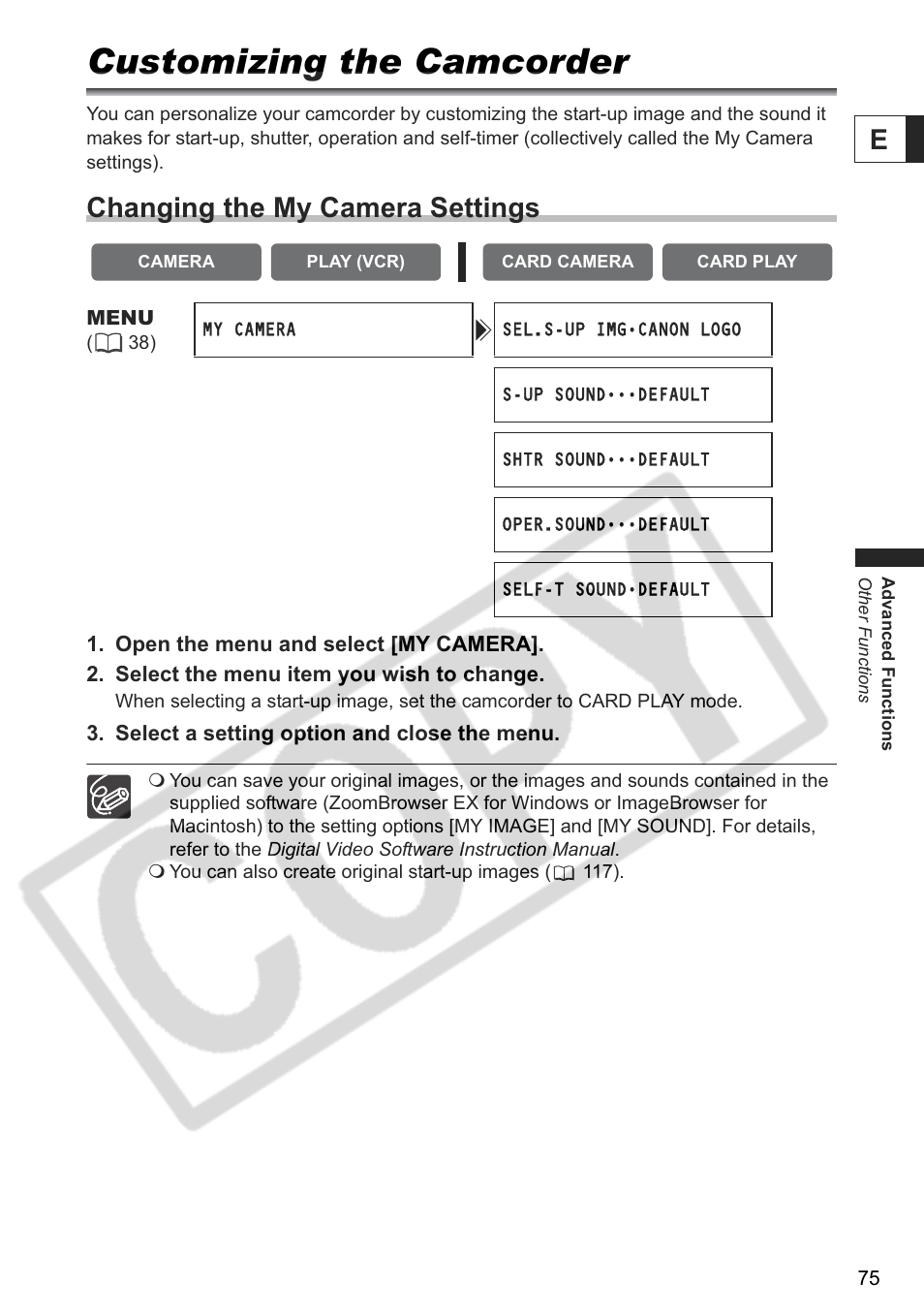 Customizing the camcorder, Changing the my camera settings | Canon ELURA 85 User Manual | Page 75 / 160