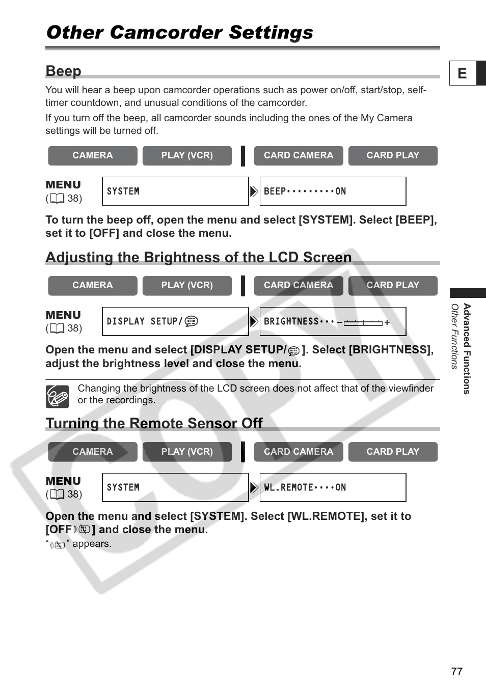 Other camcorder settings, Beep, Adjusting the brightness of the lcd screen | Turning the remote sensor off | Canon ELURA 85 User Manual | Page 77 / 160