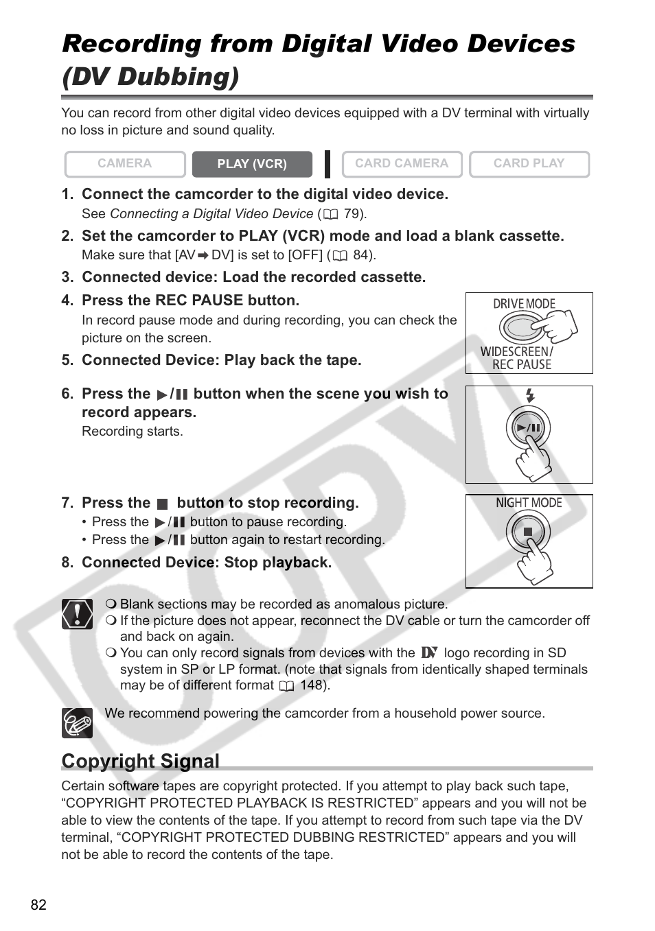 Recording from digital video devices (dv dubbing), Copyright signal | Canon ELURA 85 User Manual | Page 82 / 160