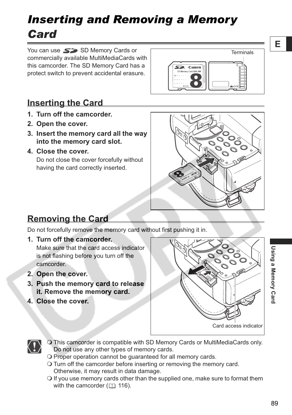 Inserting the card, Removing the card | Canon ELURA 85 User Manual | Page 89 / 160