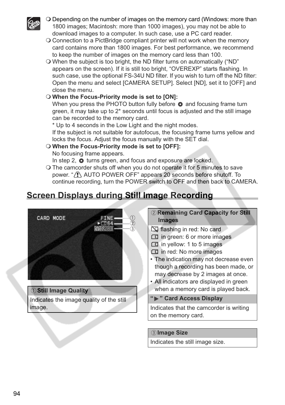 Screen displays during still image recording | Canon ELURA 85 User Manual | Page 94 / 160