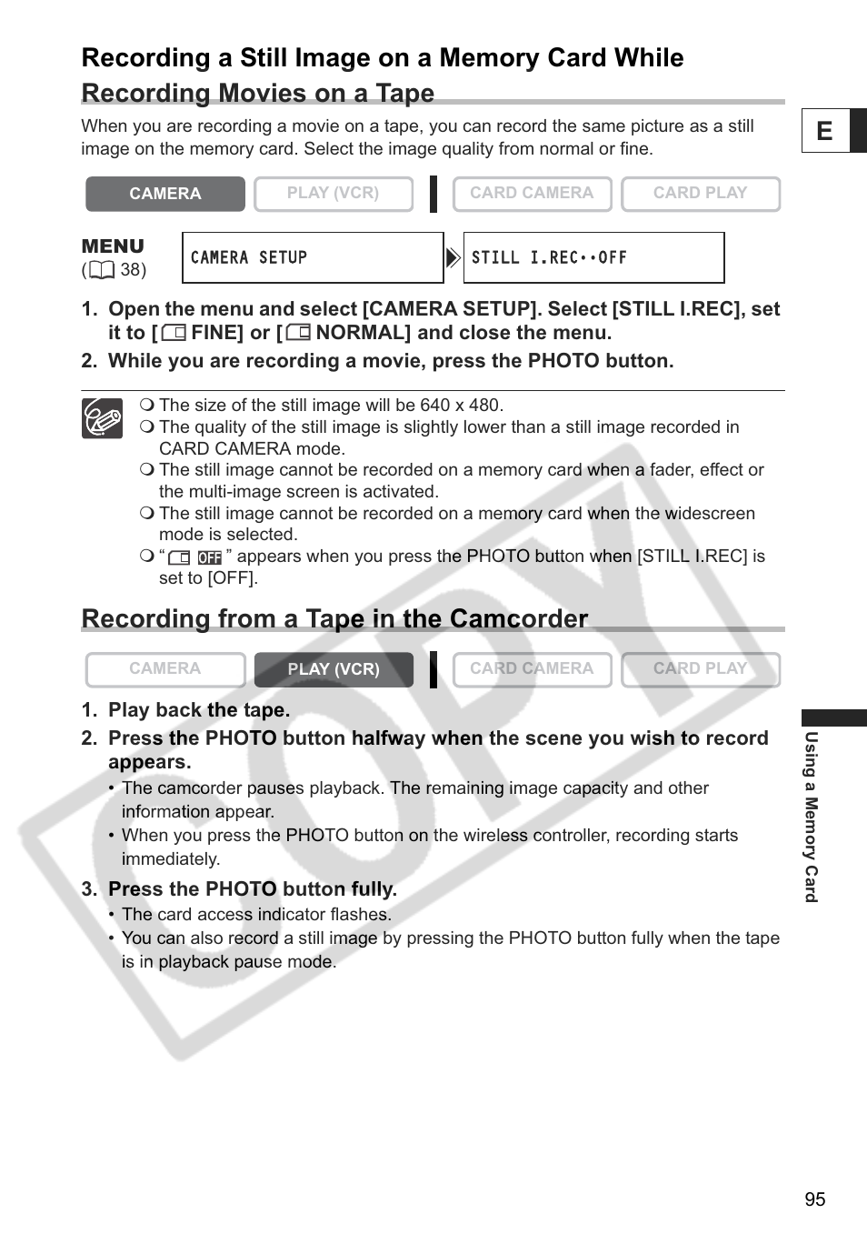 Recording from a tape in the camcorder | Canon ELURA 85 User Manual | Page 95 / 160