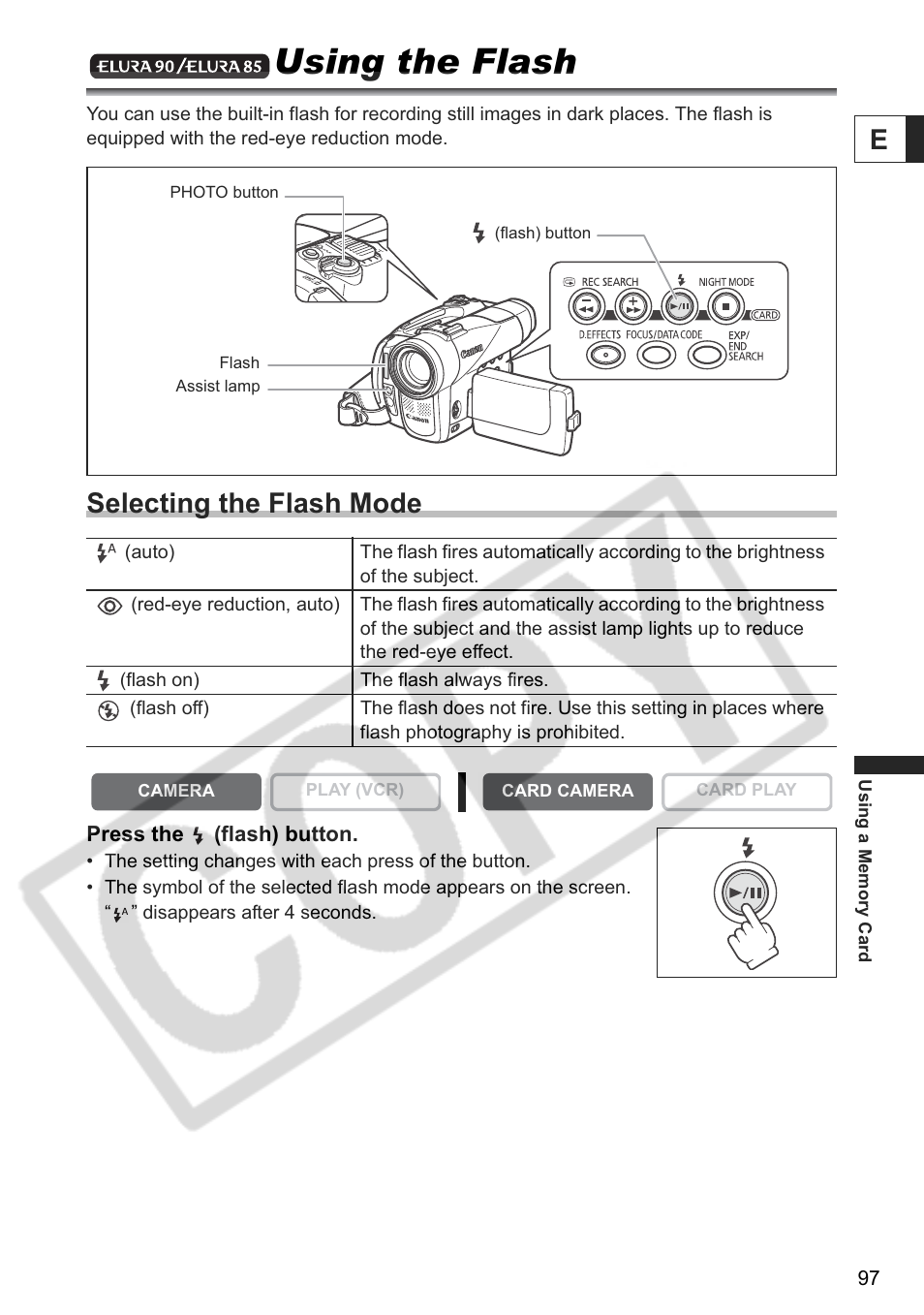 Using the flash, Selecting the flash mode | Canon ELURA 85 User Manual | Page 97 / 160