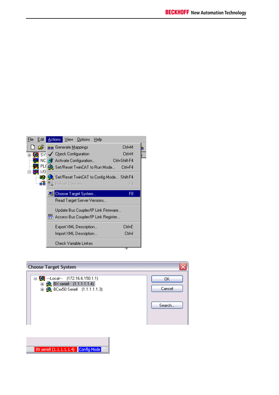 Selecting the target system, Downloading a bx configuration, Ads serial (all bx and bcxx50-controller) | BECKHOFF BC3150 User Manual | Page 32 / 112