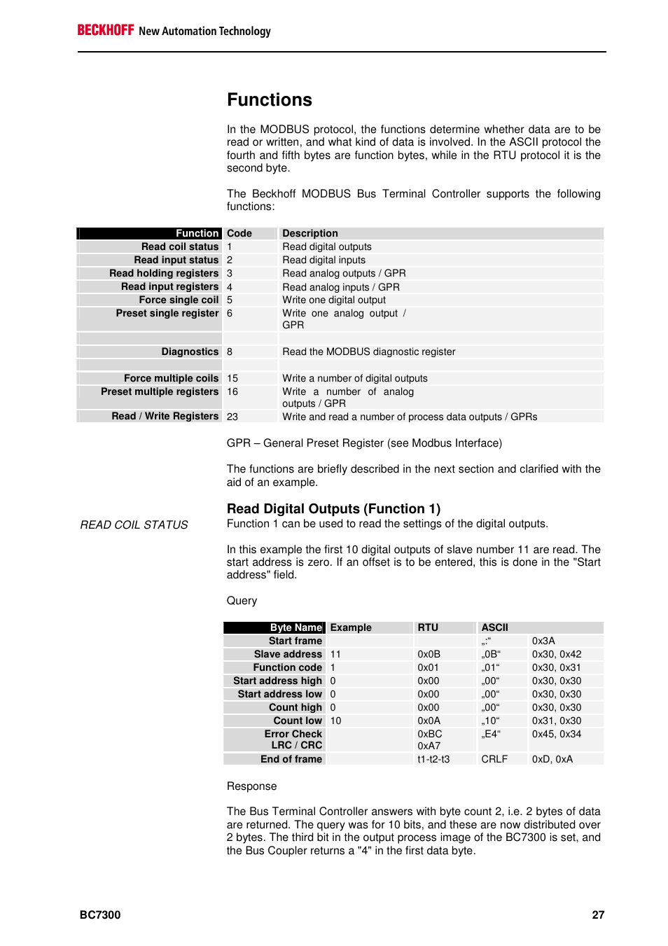 Functions, Read digital outputs (function 1) | BECKHOFF BC7300 User Manual | Page 27 / 48