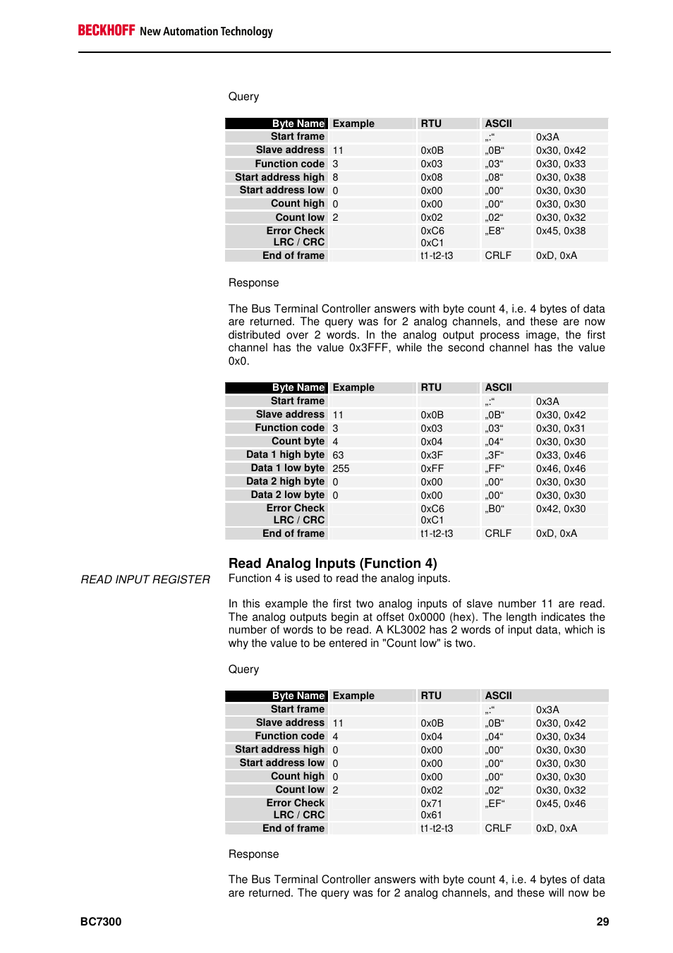 Read analog inputs (function 4) | BECKHOFF BC7300 User Manual | Page 29 / 48