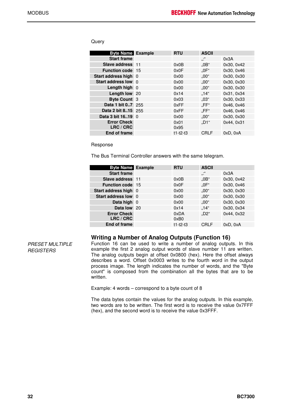 Writing a number of analog outputs (function 16) | BECKHOFF BC7300 User Manual | Page 32 / 48