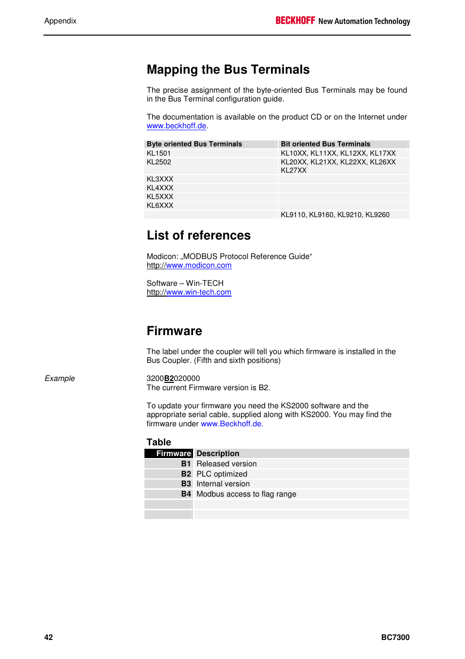 Mapping the bus terminals, List of references, Firmware | Table | BECKHOFF BC7300 User Manual | Page 42 / 48