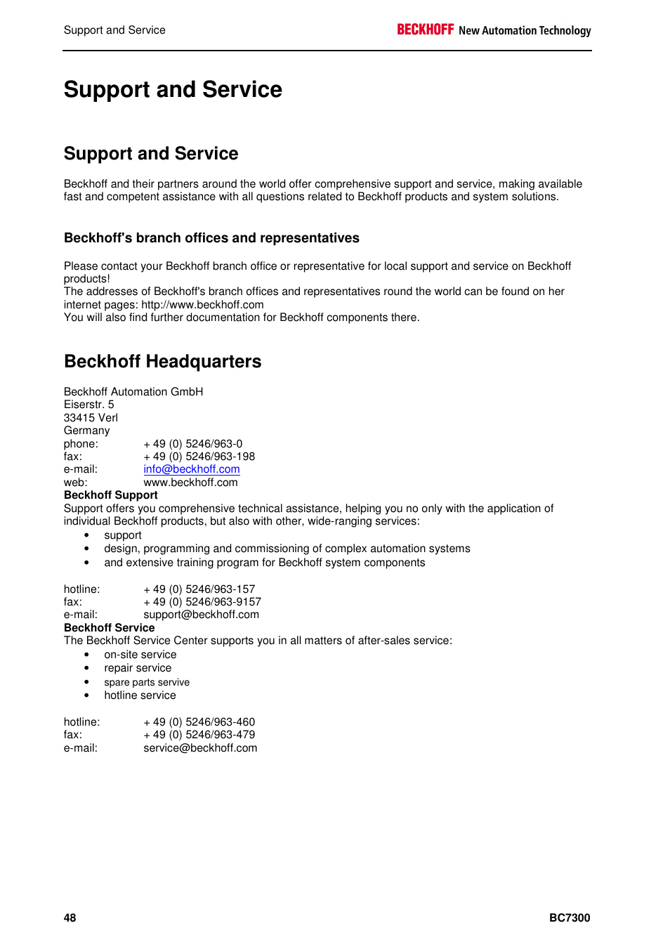 Support and service, Beckhoff headquarters | BECKHOFF BC7300 User Manual | Page 48 / 48
