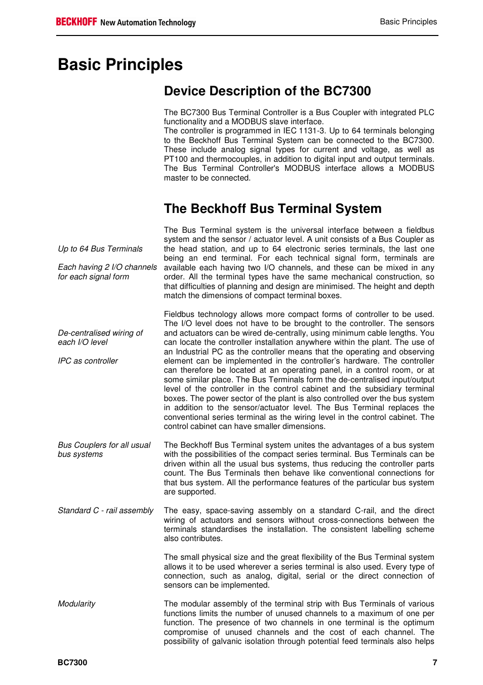 Basic principles, Device description of the bc7300, The beckhoff bus terminal system | BECKHOFF BC7300 User Manual | Page 7 / 48