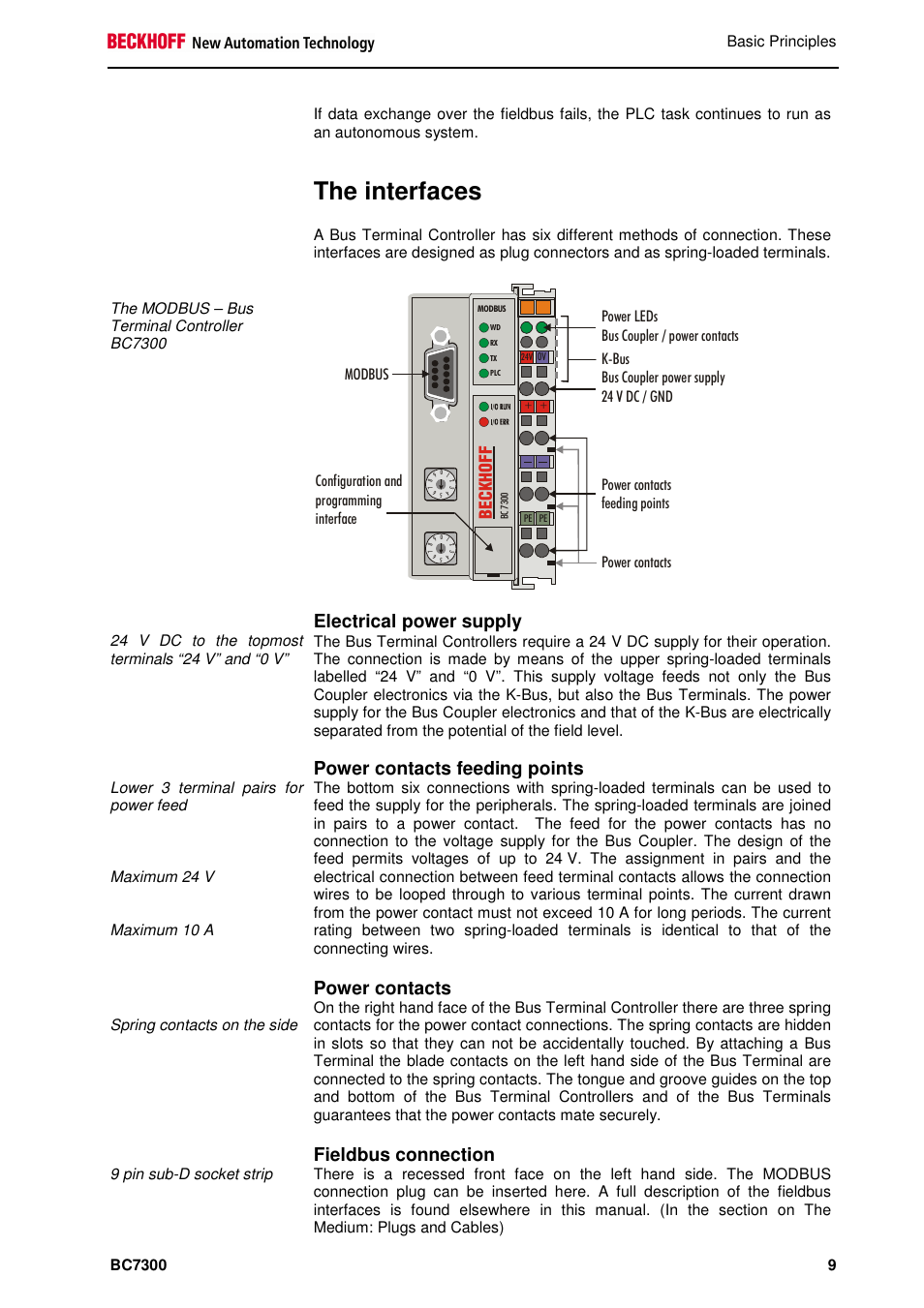 The interfaces, Electrical power supply, Power contacts feeding points | Power contacts, Fieldbus connection | BECKHOFF BC7300 User Manual | Page 9 / 48