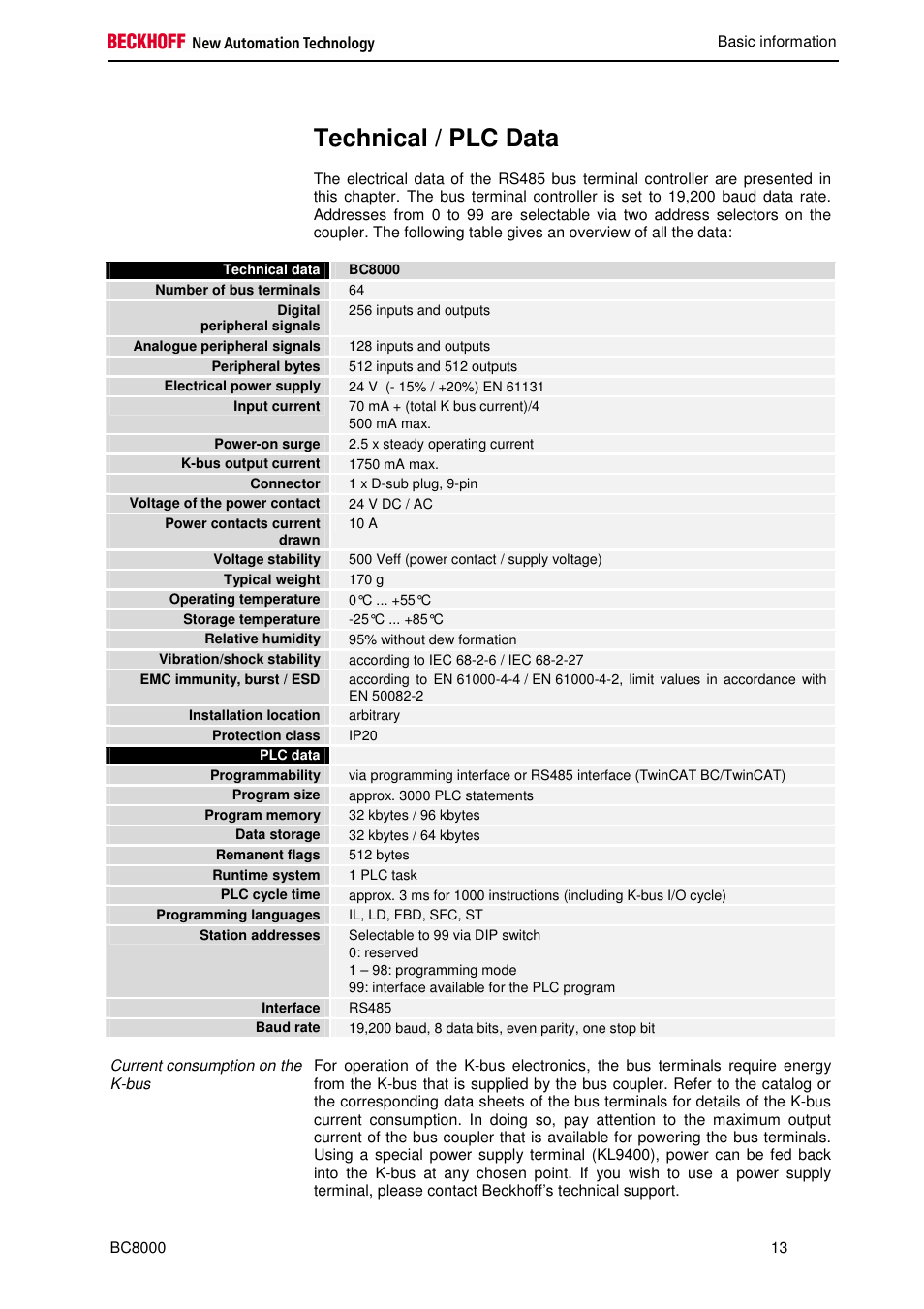 Technical / plc data | BECKHOFF BC8000 User Manual | Page 13 / 36