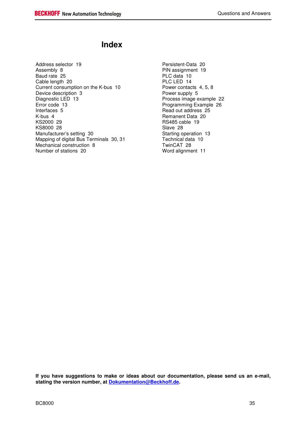 Index | BECKHOFF BC8000 User Manual | Page 35 / 36