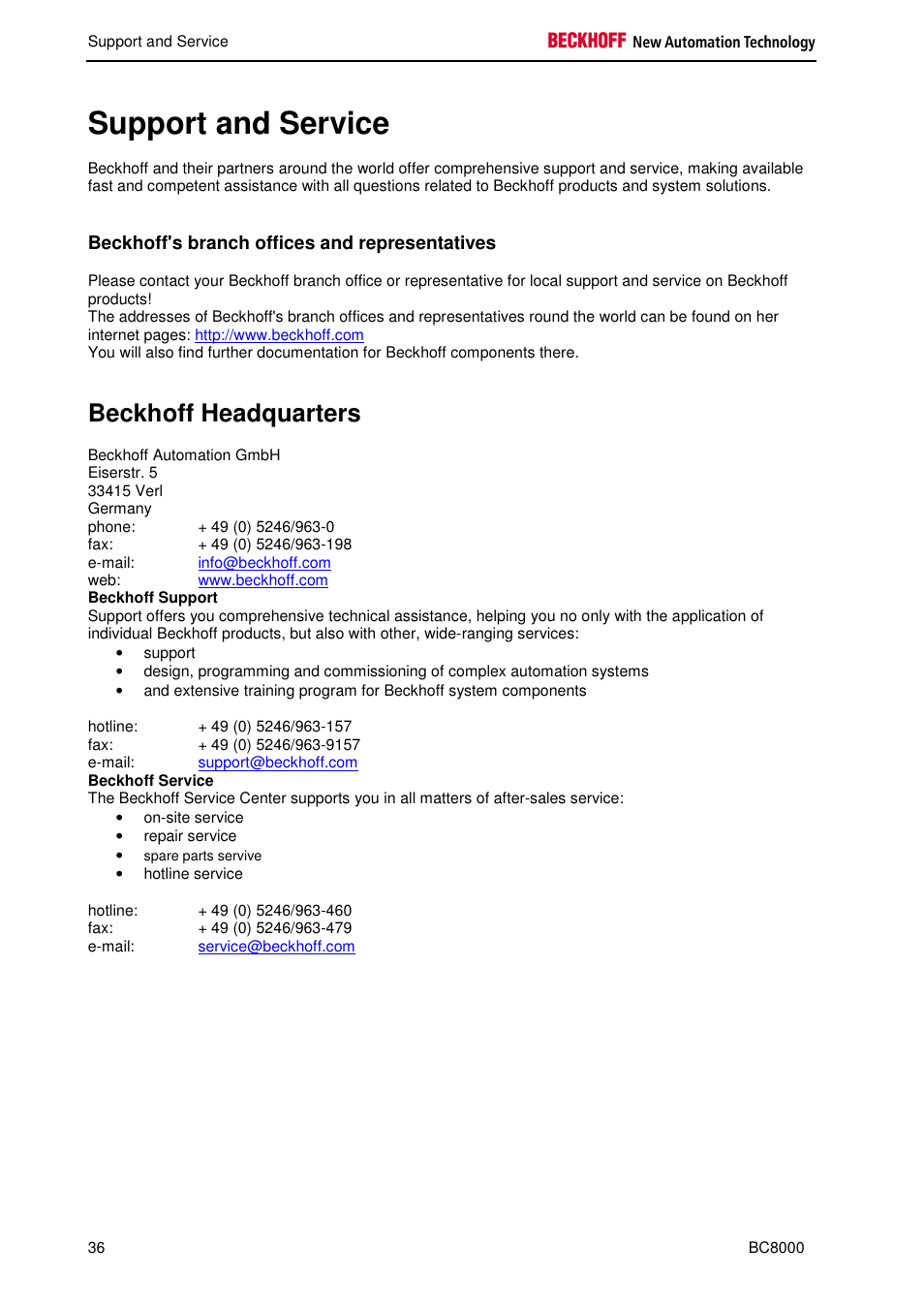 Support and service, Beckhoff headquarters, Beckhoff's branch offices and representatives | BECKHOFF BC8000 User Manual | Page 36 / 36