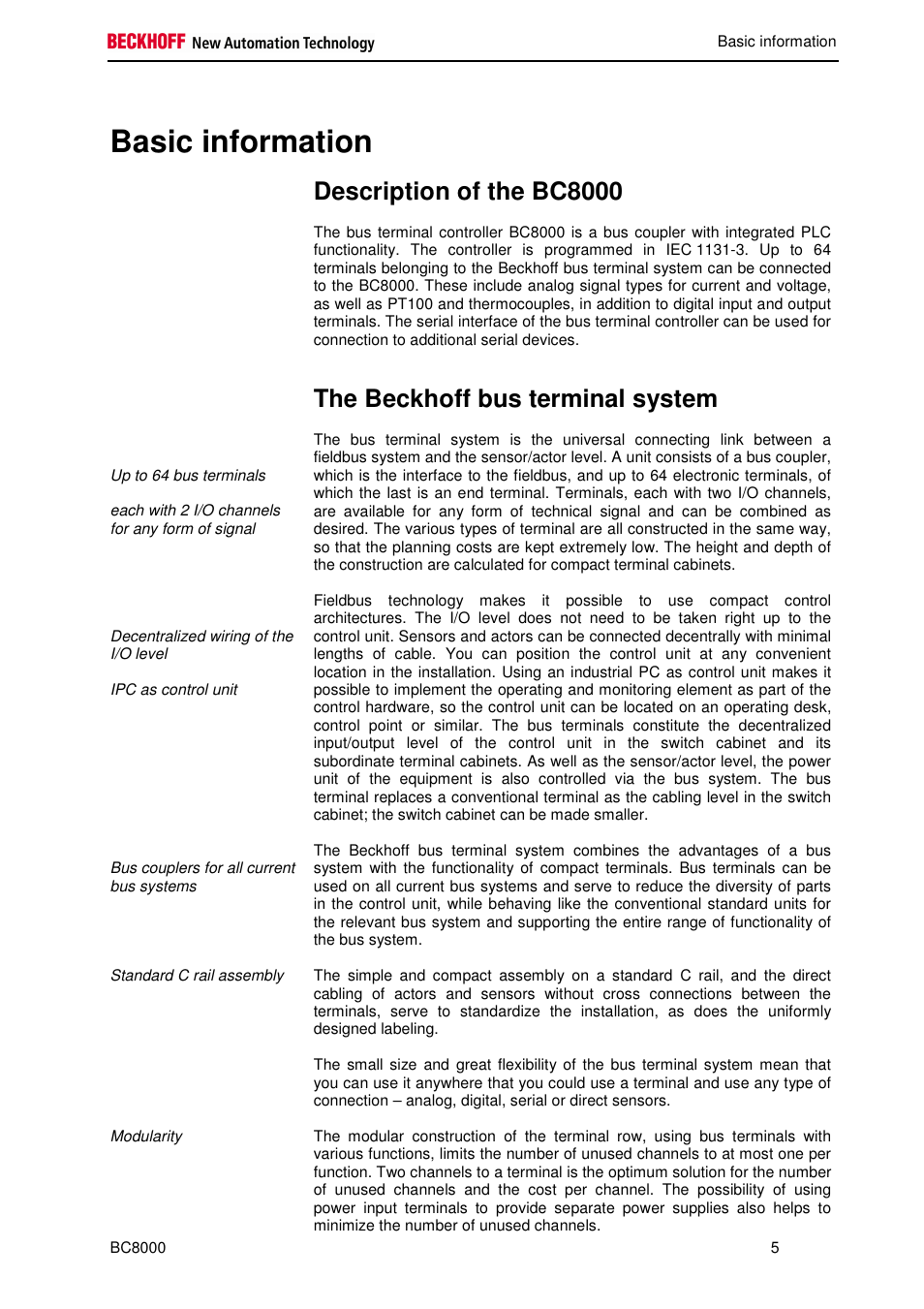 Basic information, Description of the bc8000, The beckhoff bus terminal system | BECKHOFF BC8000 User Manual | Page 5 / 36