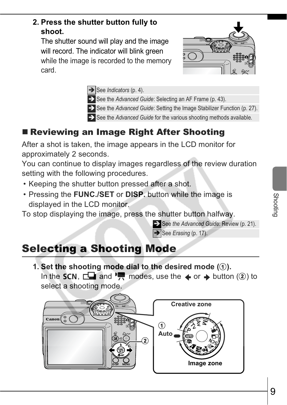 Selecting a shooting mode, Reviewing an image right after shooting | Canon A570 IS User Manual | Page 11 / 35