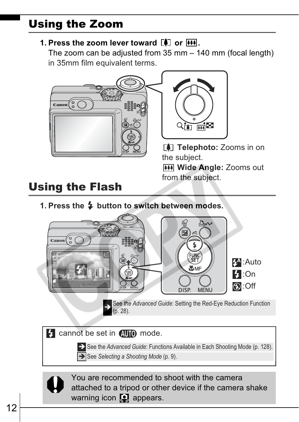Using the zoom, Using the flash | Canon A570 IS User Manual | Page 14 / 35