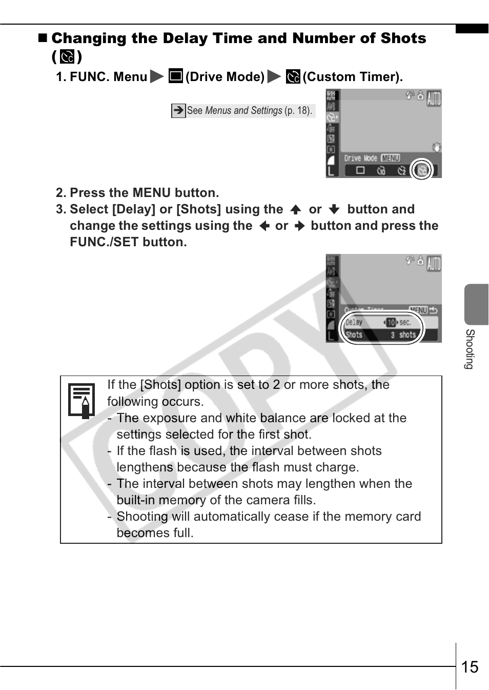 Changing the delay time and number of shots ( ) | Canon A570 IS User Manual | Page 17 / 35