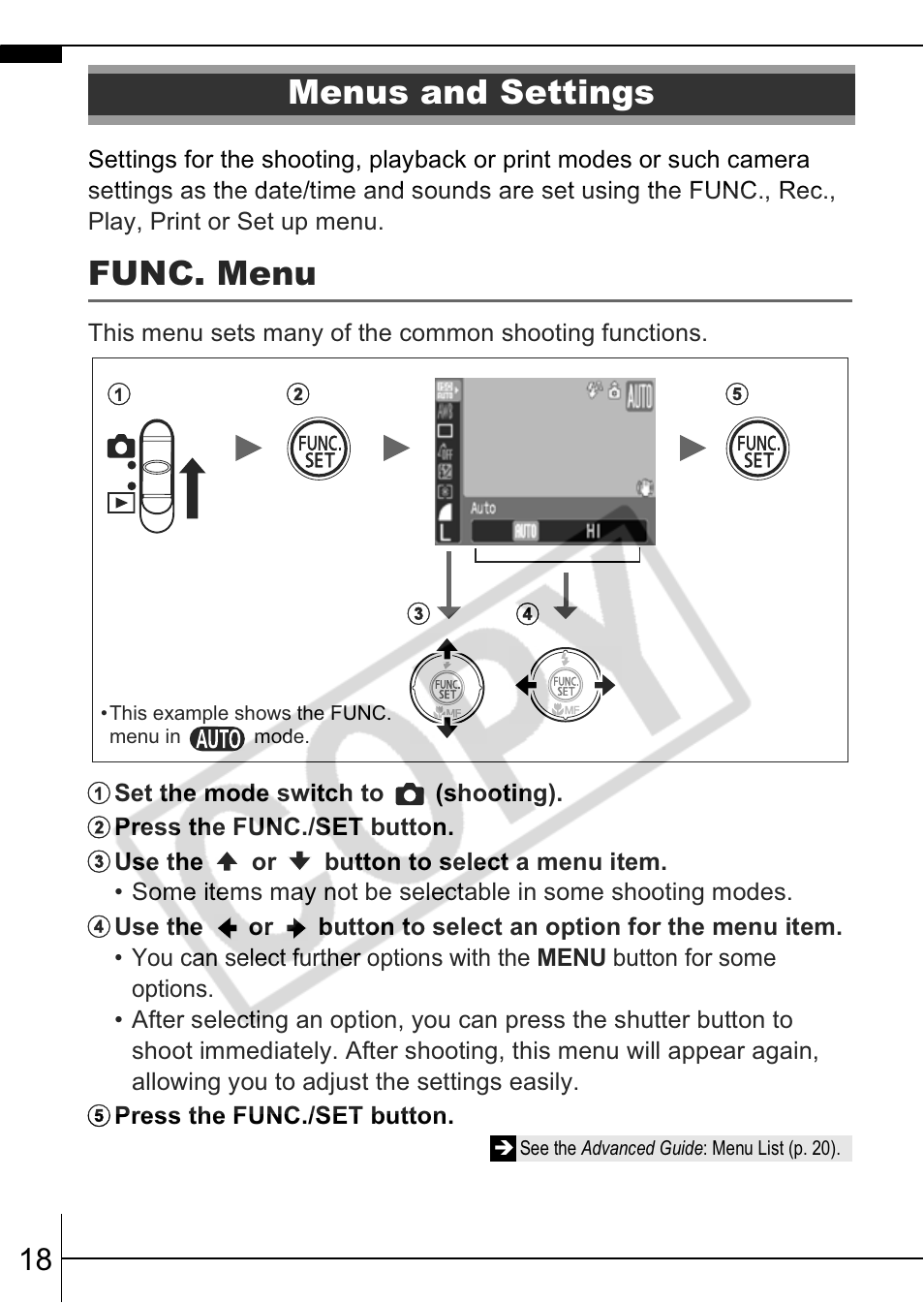 Func. menu, Menus and settings | Canon A570 IS User Manual | Page 20 / 35