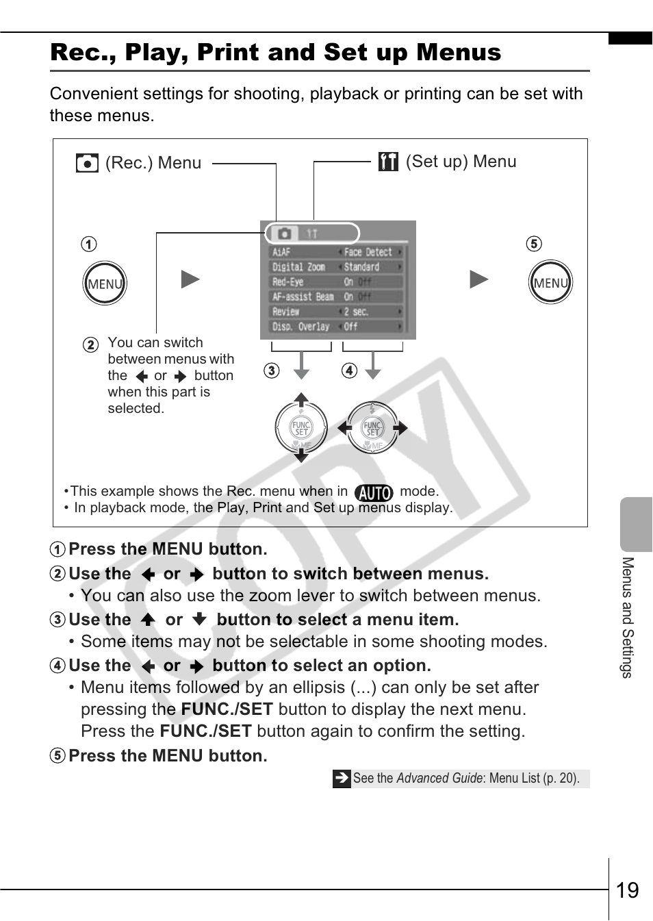 Rec., play, print and set up menus | Canon A570 IS User Manual | Page 21 / 35