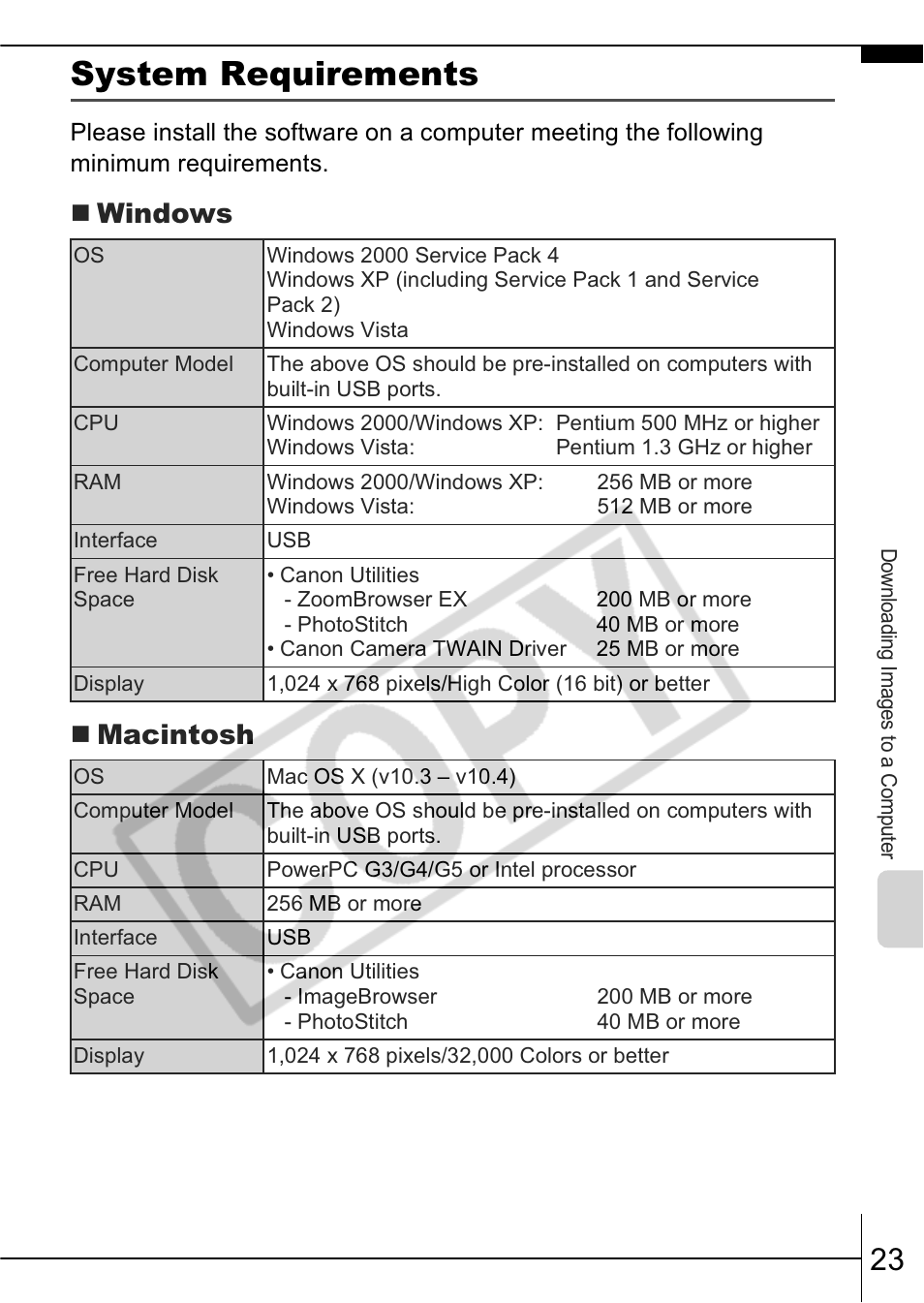 System requirements, Windows  macintosh | Canon A570 IS User Manual | Page 25 / 35