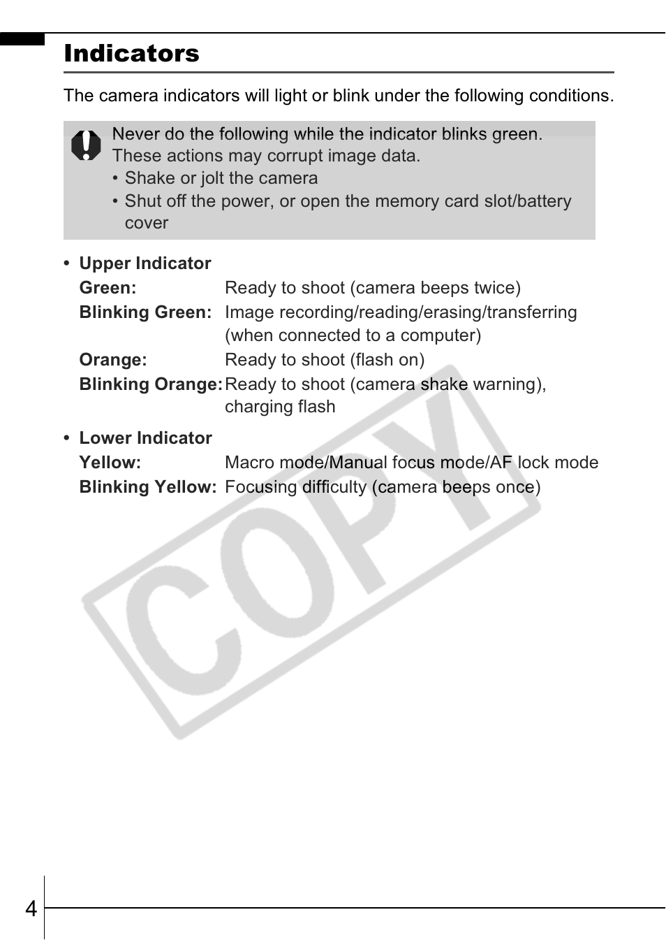 Indicators | Canon A570 IS User Manual | Page 6 / 35